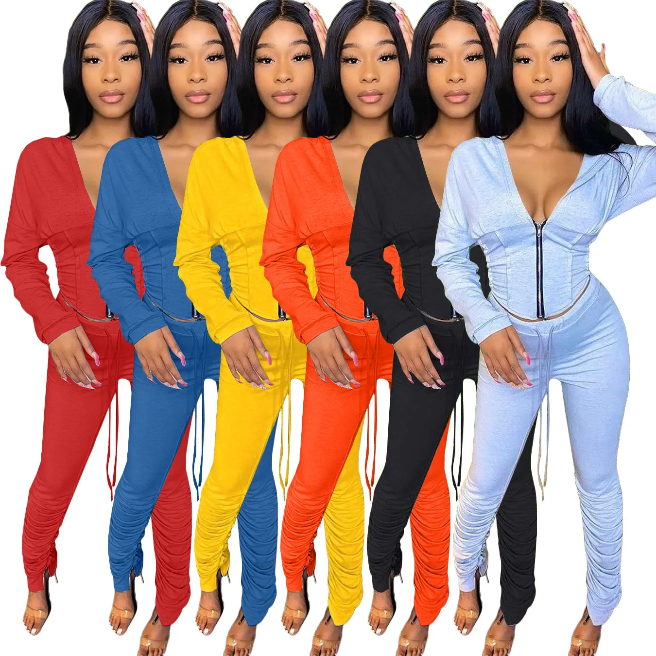 

2021 new deep V zipper sexy Hooded Coat sweater pants set pleated two piece set stacked pants set for women