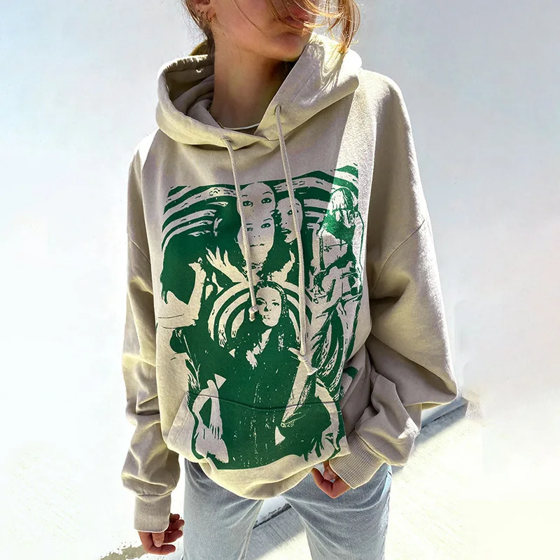 

Fashion Protrait Print Hooded Sweatshirts 2021 Autumn Long Sleeve Pullovers Pocket Streetwear Athleisure Khaki Hoodies
