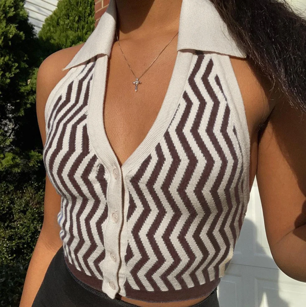 

Cool Girls Hip Hop Summer Vest Women Sleeveless Tank Tops Off Shoulder Blue Brown Tanks Turn Down Collar Crop Button Tops #0897