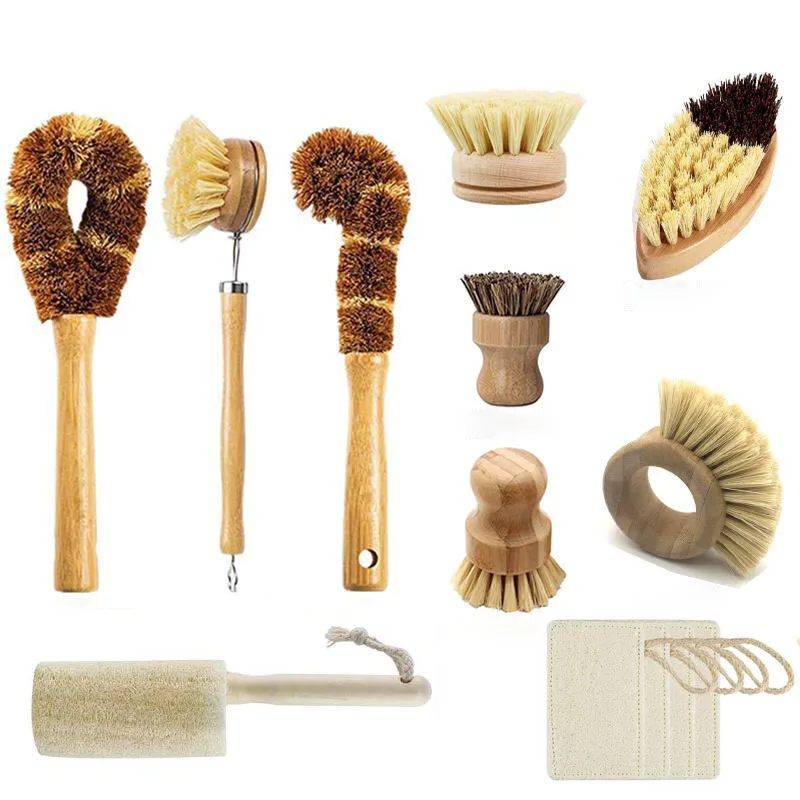 

Zero Waste Eco-friendly Natural Wooden Cleaning Scrubber Brush Reusable Bamboo Wood Sisal Dish Cleaning Kitchen Brush