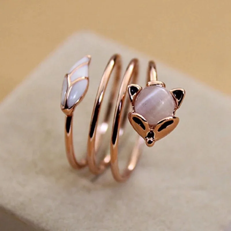 

New Fashion Lovely Korean Trendy Multi-circle Winding Open Rings For Women Fox Opal Rhinestone Rose Golden Rings Jewelry