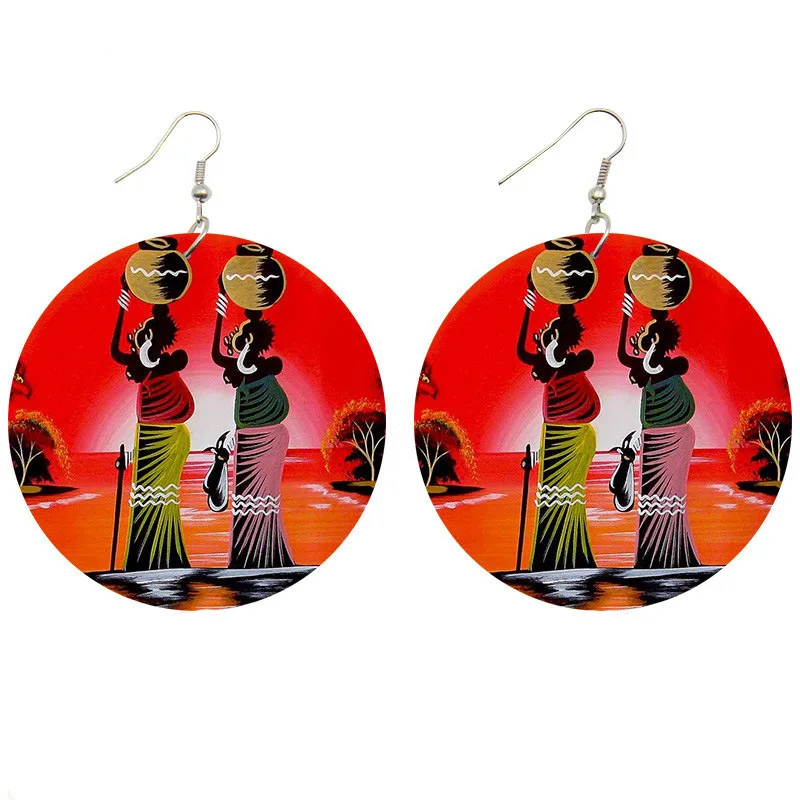 

Accept Customized Fashion Black Beauty Afro Art Wooden Drop Earrings Handmade African Flower Flat Round Wood Earring