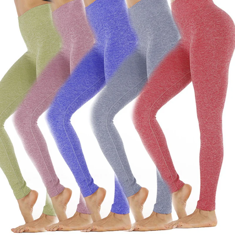 

Hot Selling 2020 Striped Solid Color Slim Fitness Nine Points Seamless Breathable Yoga Bottoming Sports Pants Women