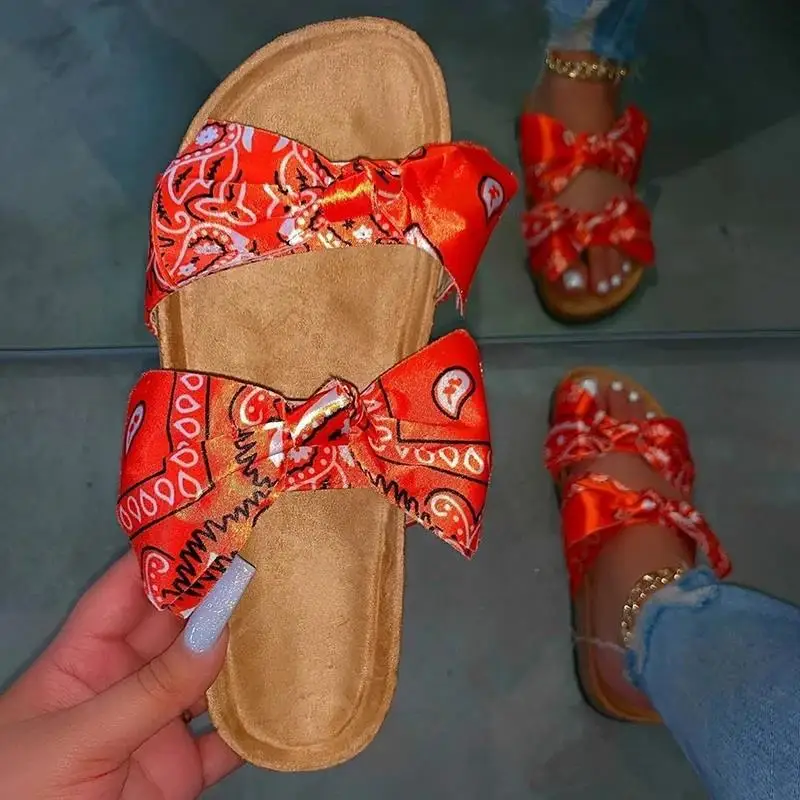 

Popular silk beach slippers thick bottom bow tied silk satin slippers summer flat casual sandals for women and ladies