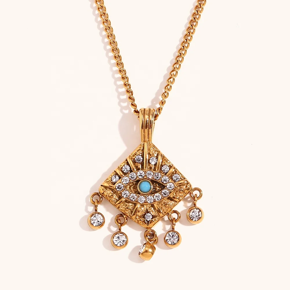 Ding Ran Unique Design Tassel Pendant Necklace Zircon Eye Rings And Necklaces Gold Plated Stainless Steel Jewelry Set