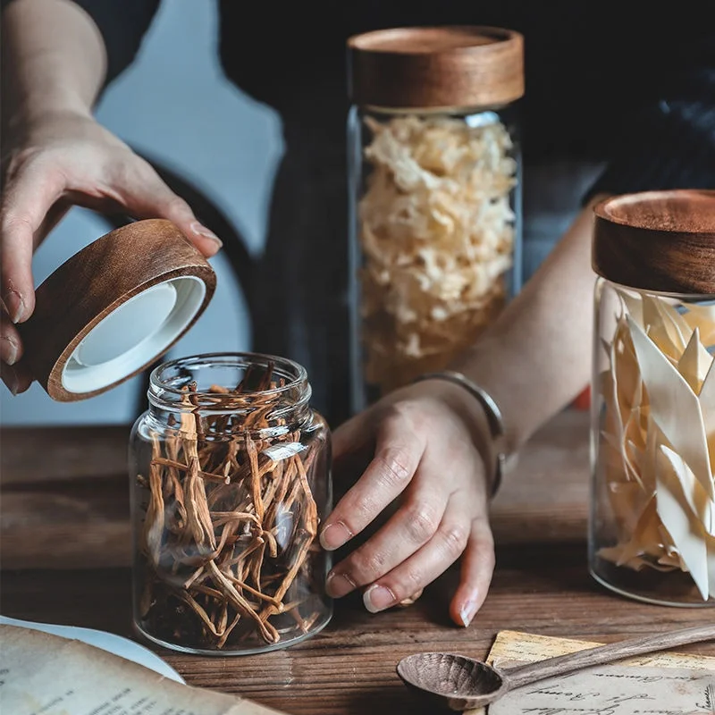 

thread type borosilicate glass storage jars with airtight Acacia wooden Lid, Transparent