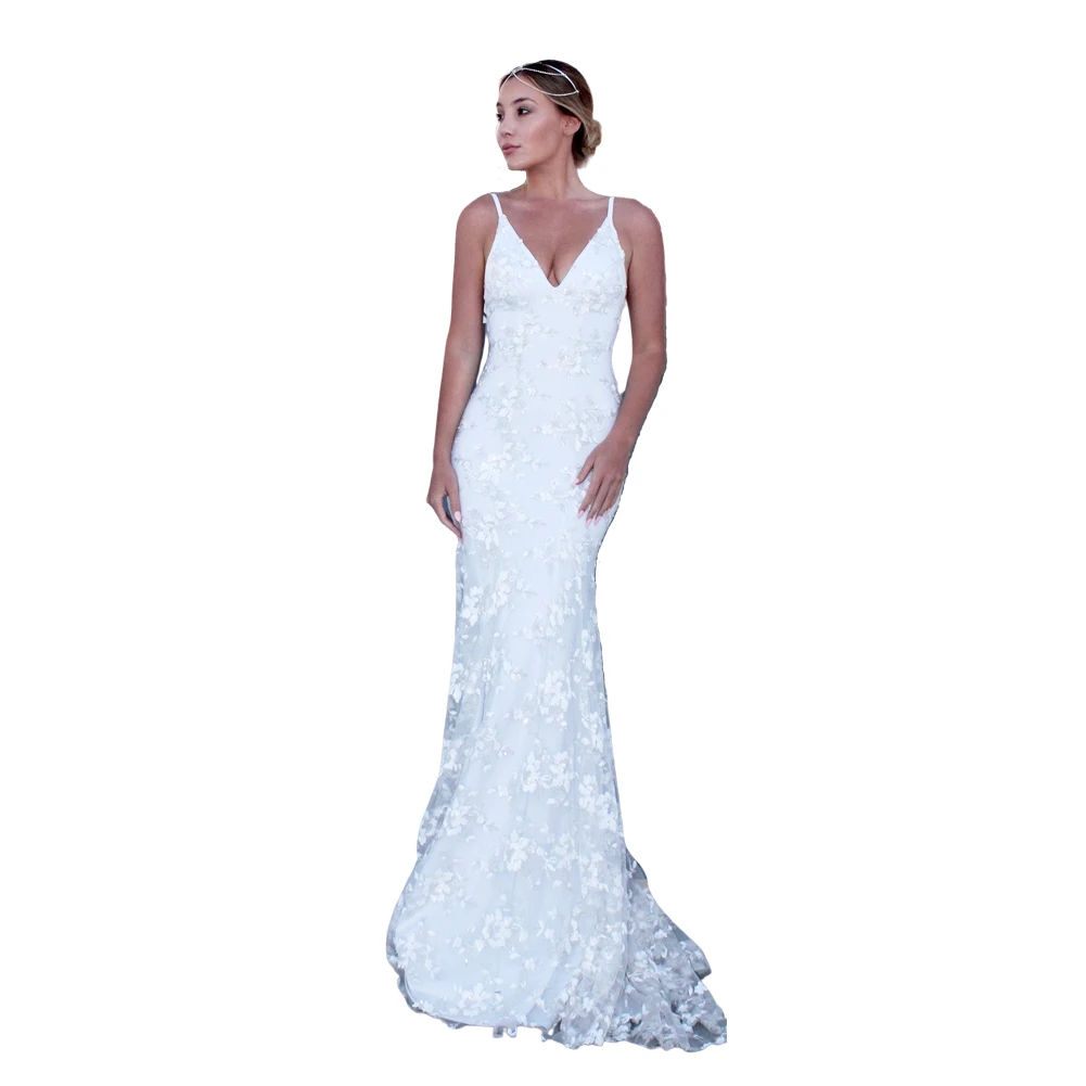 

2019 Sexy v-neck halter lace dress lady prom evening dress lace wedding dress
