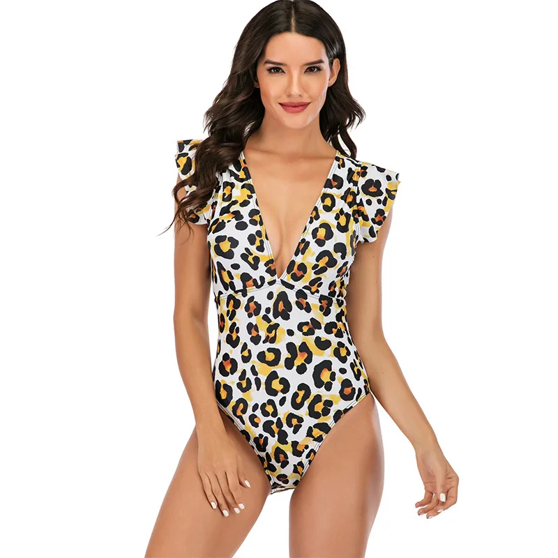 

Trendy Ruffled OEM Bathing Suits Two Pieces Deep V Leopard Print Swimming Costume Girls 2020 New Swimsuits