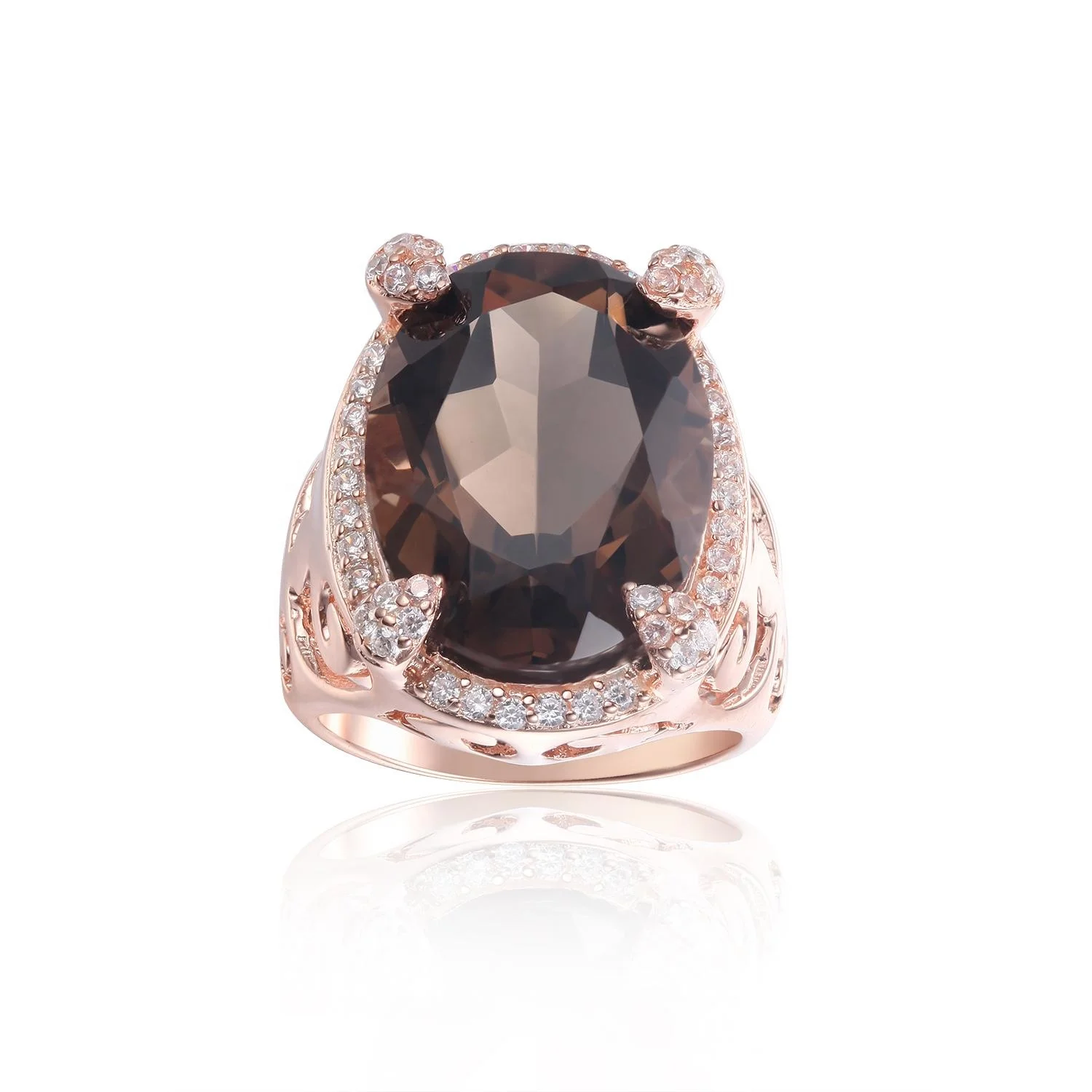 

C4023R Abiding Handmade Rose Gold Plated Large Brown Smoky Quartz White Cz Halo Gemstone Engagement Ring