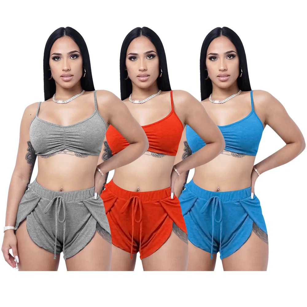 

10702-MX72 solid color crop top sleeveless drawstring women two piece short set sehe fashion