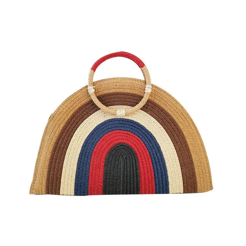 

Half circle Mixed colors Decoration Straw Bag Fashion Women Summer Shopping Shoulder bags Bohemian Beach Bag Chain Hand-woven Cr, Black.beige