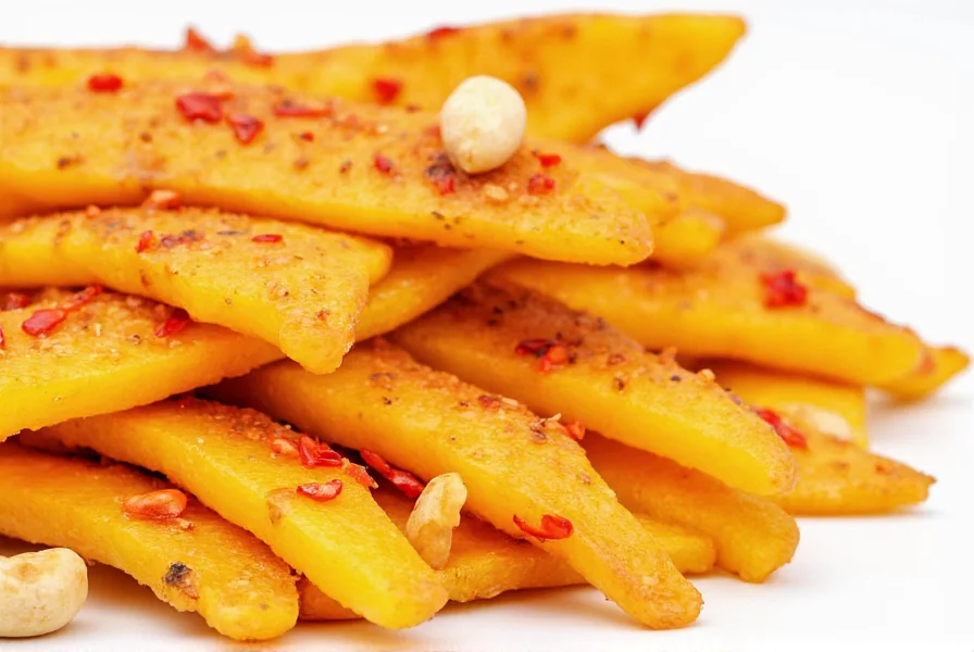 Close-up photography of nutty fruity chili mango snack showing dried mango strips coated with red chili seasoning and visible peanut pieces on white background