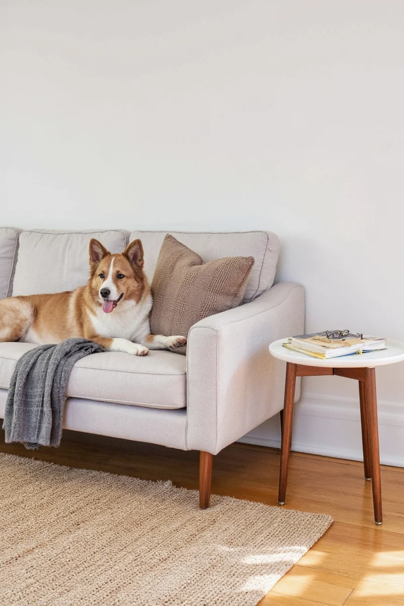 West Elm Dene Modular Velvet Sofa in navy blue placed in a contemporary apartment with a beagle lying beside it.