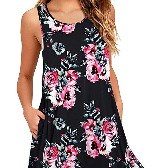 

Women Summer Floral Dress Print Casual Beach Cover Up Plain Pleated Tank Dress, Wine red, black, light blue, dark blue, rose black, rose blue