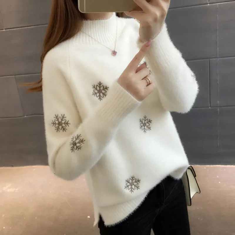 

New arrival winter high neck long sleeve side split snowflake print women pullover sweater