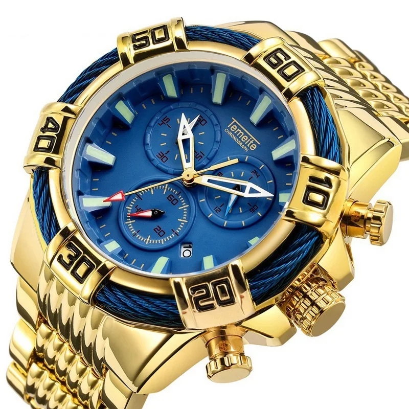 

Temeite Watch New Multifunctional Men's Blue Gold Watch 3Atm Waterproof Military Steel Belt Male Watches Men Wrist Wristwatches, 10-color