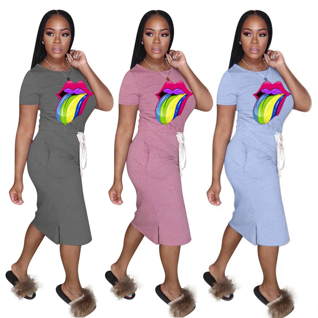 

Personality fashion women summer dress wholesale lips loose casual dresses 2021
