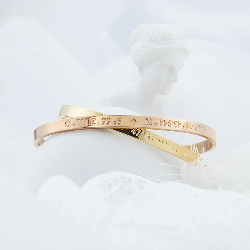 

Fashion engraving name rose gold plated stainless steel open cuff bracelet bangle Jewelry, Steel/gold