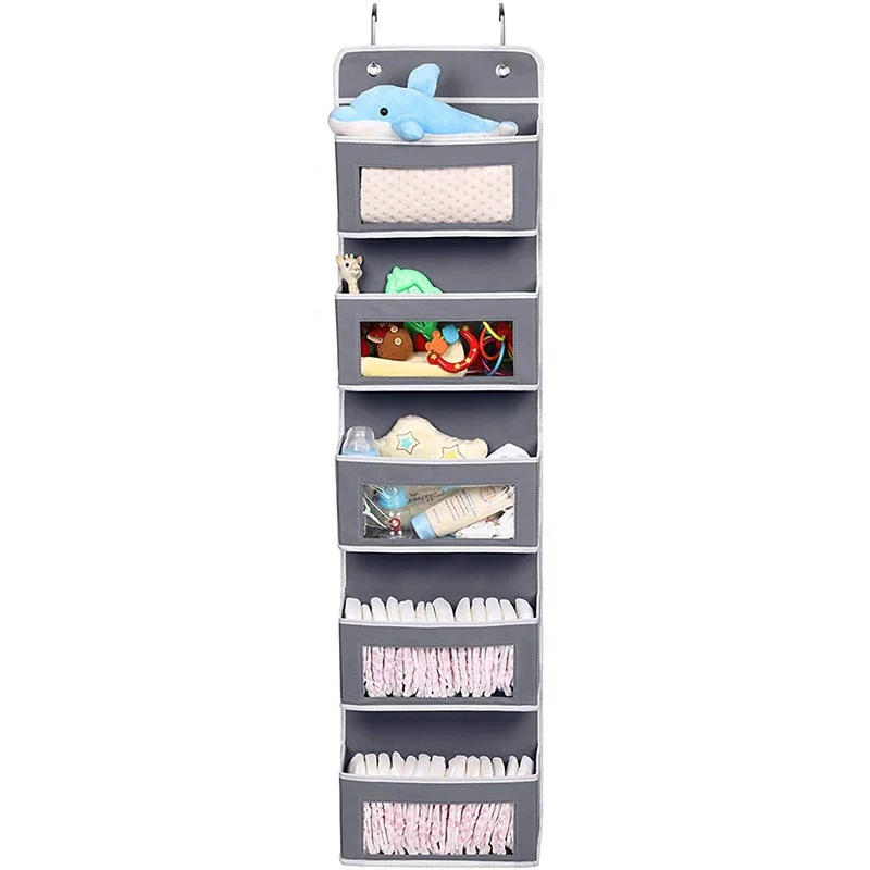 

Over The Door Organizer Wall Closet Hanging Organizer Storage Bag with 5 Clear Window Pockets Metal Hooks, Grey,light grey,beige,blue and white