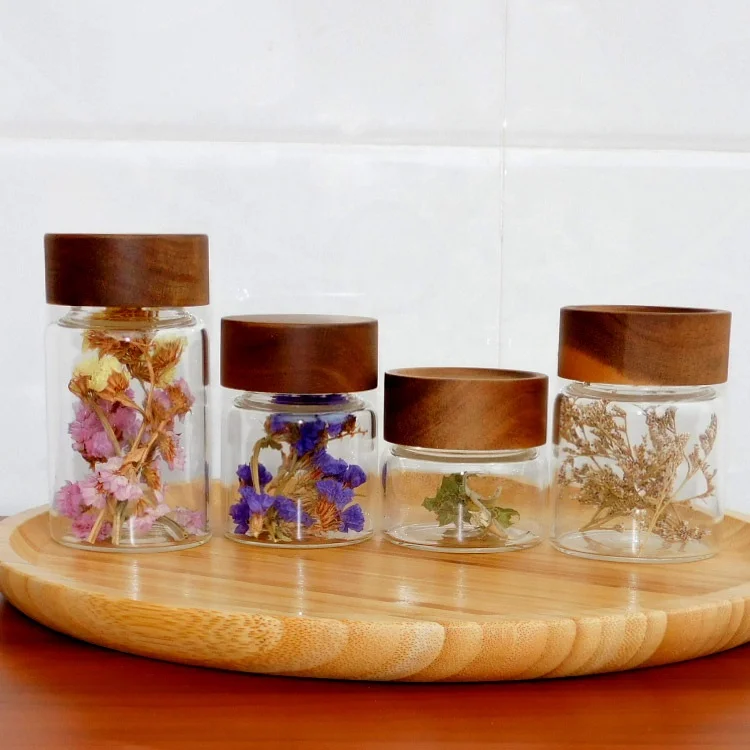 

small Screw Handmade Borosilicate Glass Storage Jar With Acacia Wooden Lid For Food, Transparent