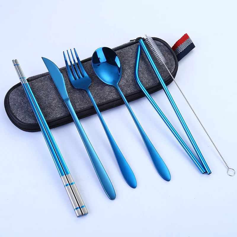 

Airline luxury 8pcs silver eco travel stainless steel set cutlery with case, Sliver/gold/rose gold/rainbow/black/blue/purple