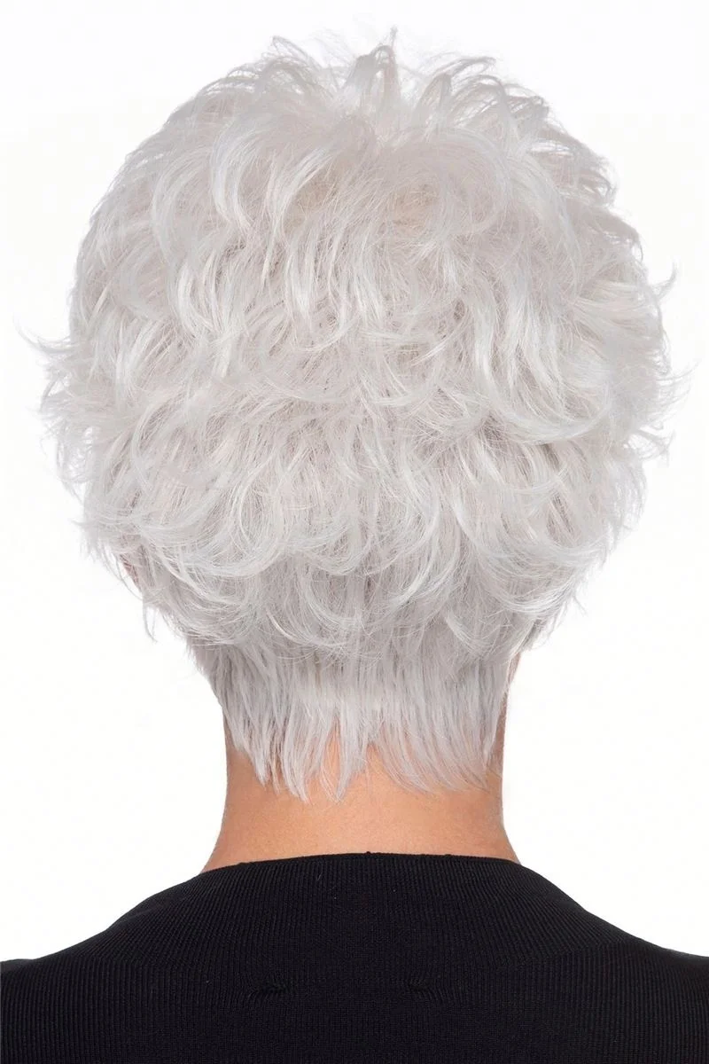 

Natural Fluffy Realistic Silver-White Elderly Women Short Hair Synthetic Wig For, Pics