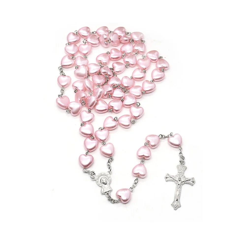

GT Pink Heart Shape Beads Catholic Saint Rosary Prayer Necklaces Christian Mary Blessing Cross Pendant Necklace, As picture