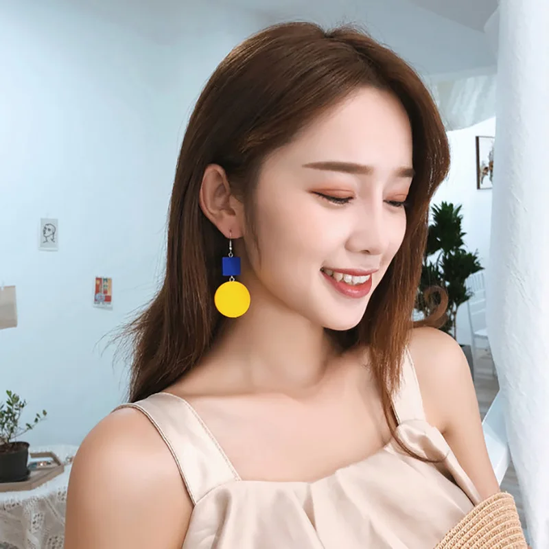 

2019 Korean Women Wooden Earrings Jewelry Fashion Round Beads Long Dangle Earrings Party Accessories, Yellow,blue