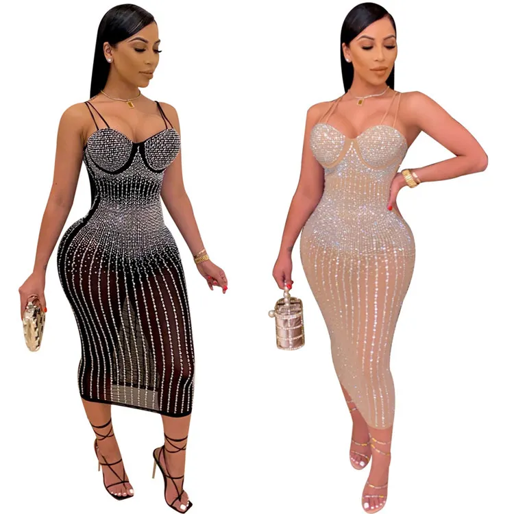 

Plus Size Women Elegant Bodycon Sleeveless Mesh Long Dress Sexy Drill Sequins Club Party Evening Dresses For Ladies Vestidos