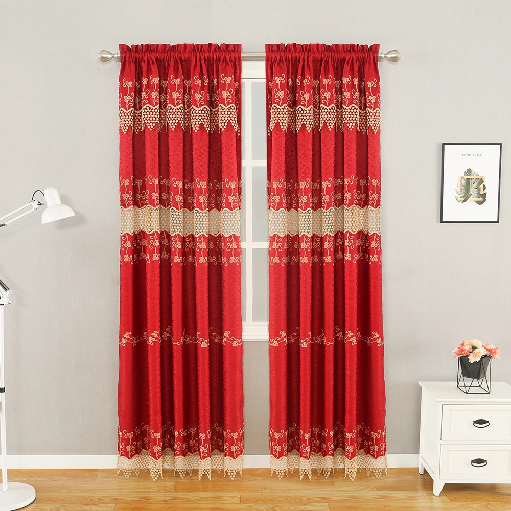 

2020 Luxury European Embroidered Red Lace Curtain For Living Room With Valance