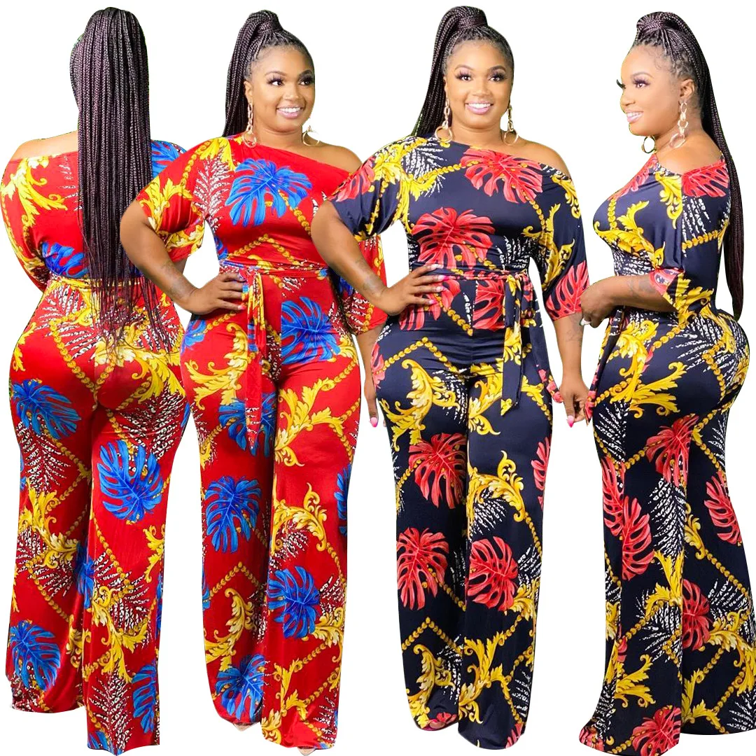 

9S4U Sexy Slash Shoulder Half Sleeve Printed Jumpsuit Once Piece Romper Women Wide Leg Pants, Customized color
