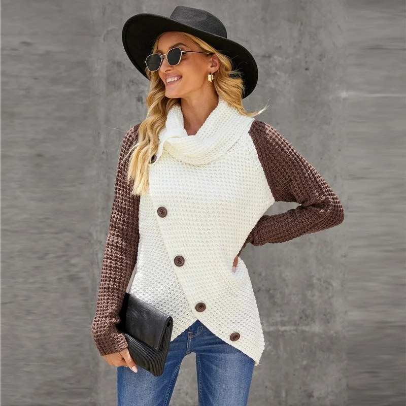 

Long-sleeved asymmetric hem loose knit sweater outer turtleneck sweater