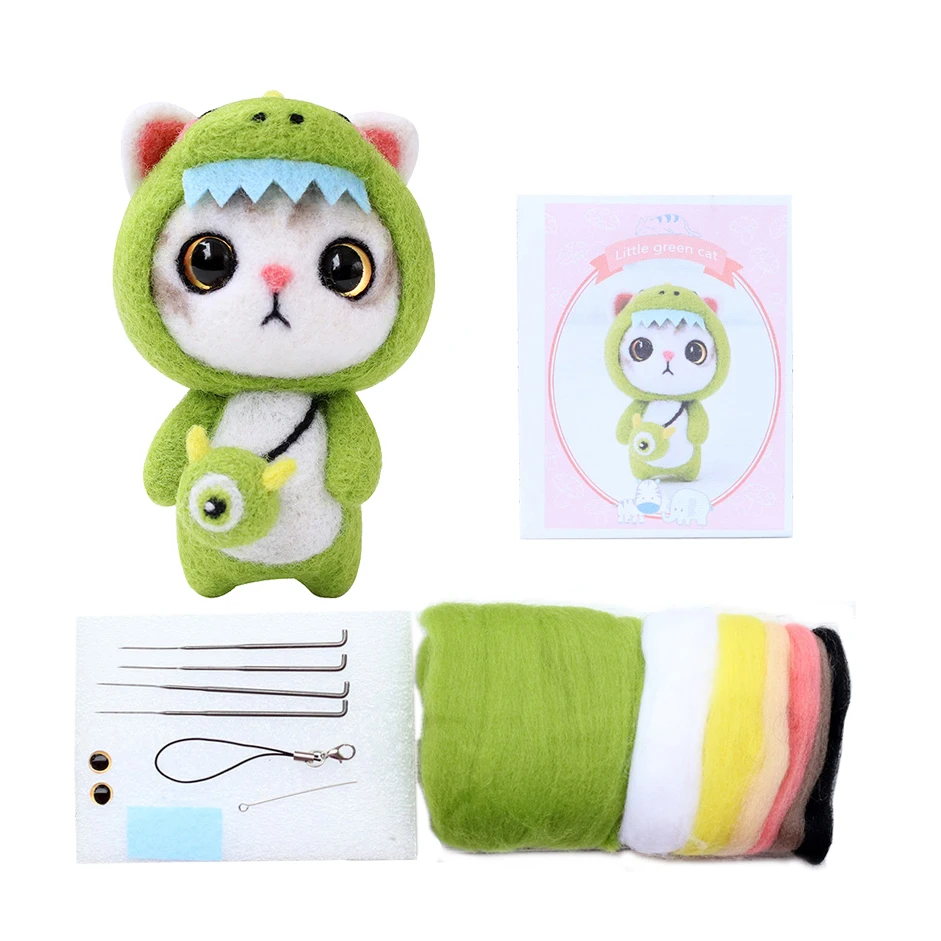 

NO.106 New Style Green Cat DIY HandCraft Wool Felting Needle Animal Kit For Kids Gift Wool Felting Kit