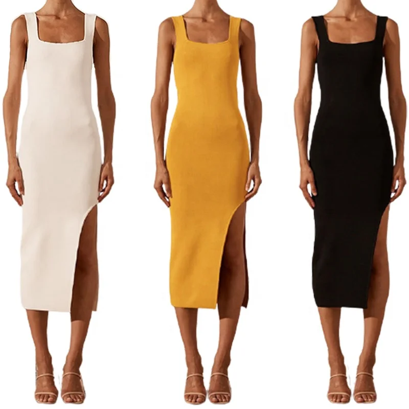 

2021 elegant casual dress ladies summer high quality sexy women's clothing square collar ladies party dress, Yellow,black,grey,brown,green,white