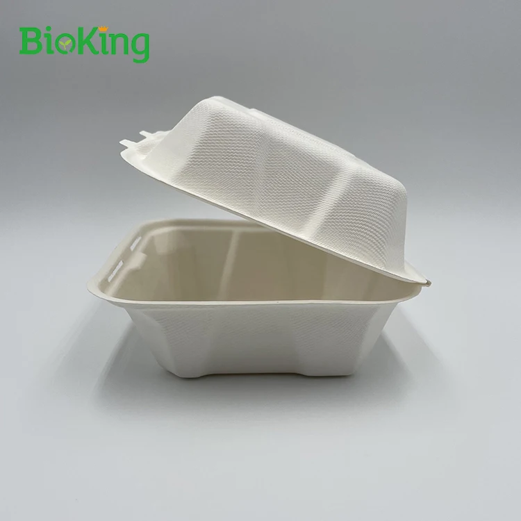 

BioKing sugarcane bagasse pulp biodegradable and compostable disposable Hamburger box with international quality standard, Bleached;natural