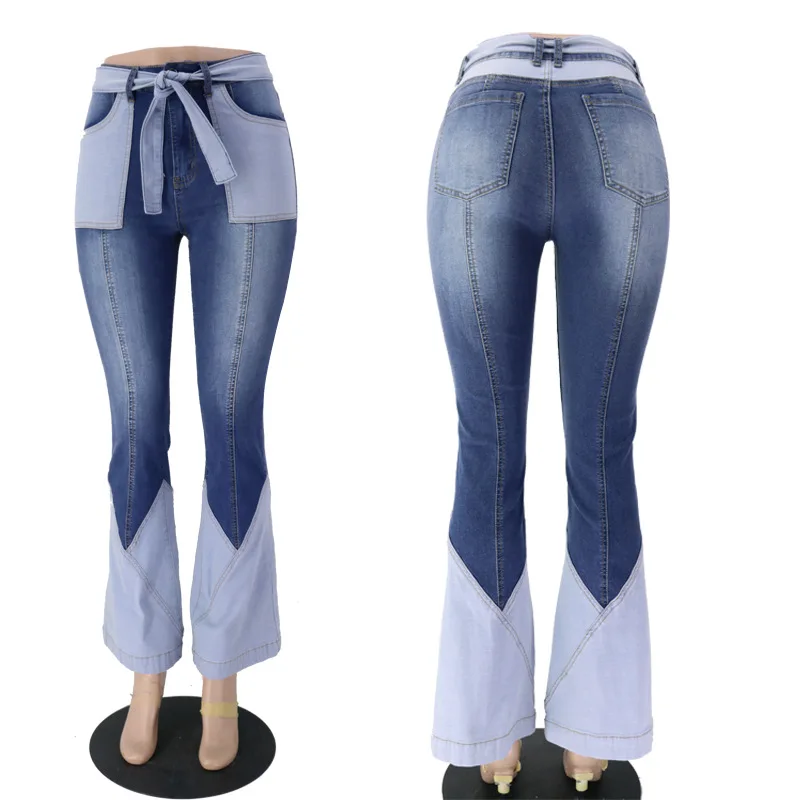 

Latest Design Original Belt Design Fashion Spliced High Waist Flare Jeans Women Sexy Denim Jeans Pants, Blue, light blue