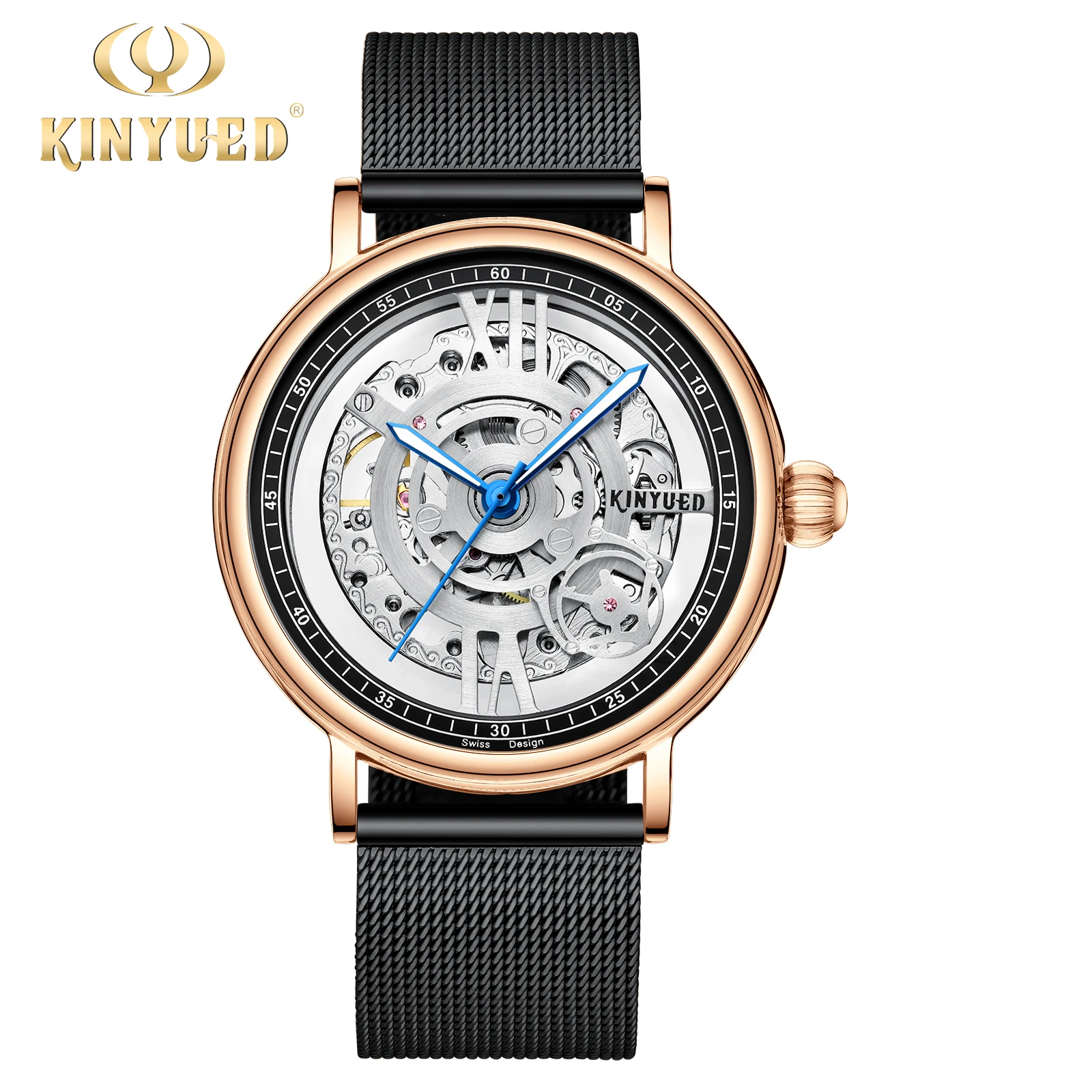 

KINYUED hot selling online custom logo watch 3atm waterproof stainless steel tourbillon mechanical wristwatch