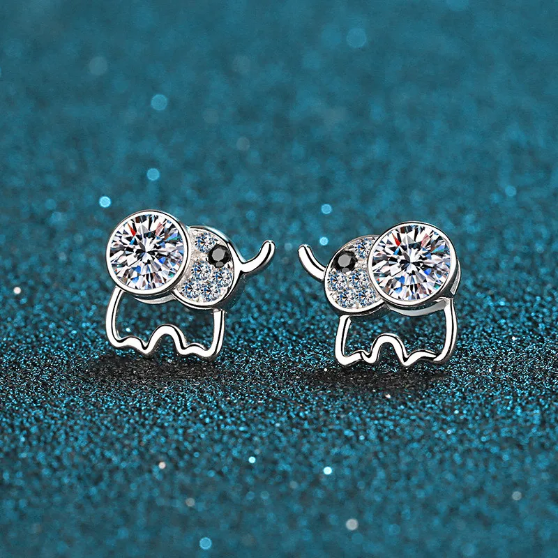 

Silver 925 Original Diamond Test Past Total 1 Carat VVS Moissanite Little Elephant Earrings Gemstone Cute Animal Earrings Gift