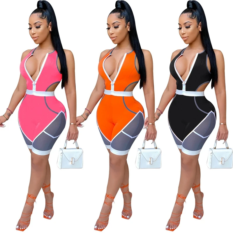 

MD-20030552 New products sexy European and American slim zipper mesh perspective color matching one piece jumpsuit, 3 colors