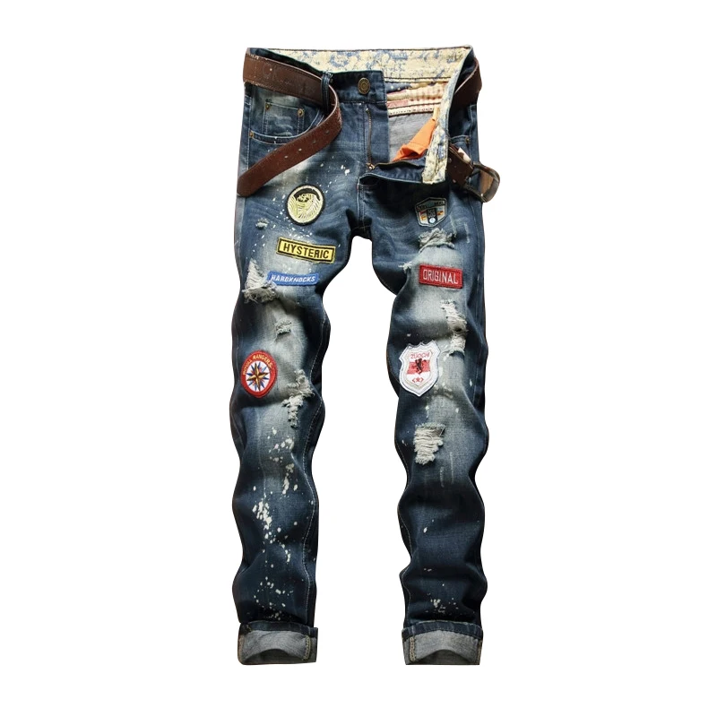 

Factory direct sale new skinny jeans printed ripped holes washed men's trousers