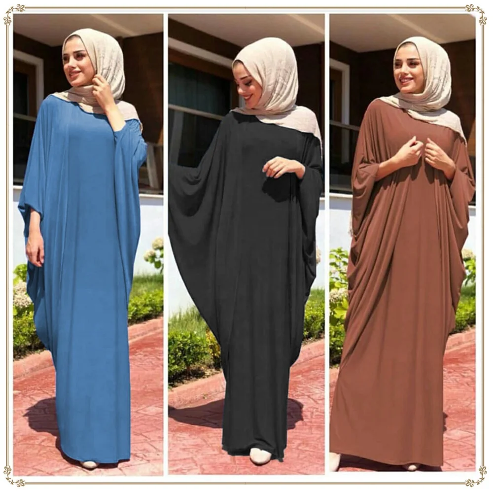 

2021New Fashion Dubai Abaya Prayer Dress Muslim Women Long Batwing Sleeve O Neck Loose Robe Solid Color Islamic Modest Clothes