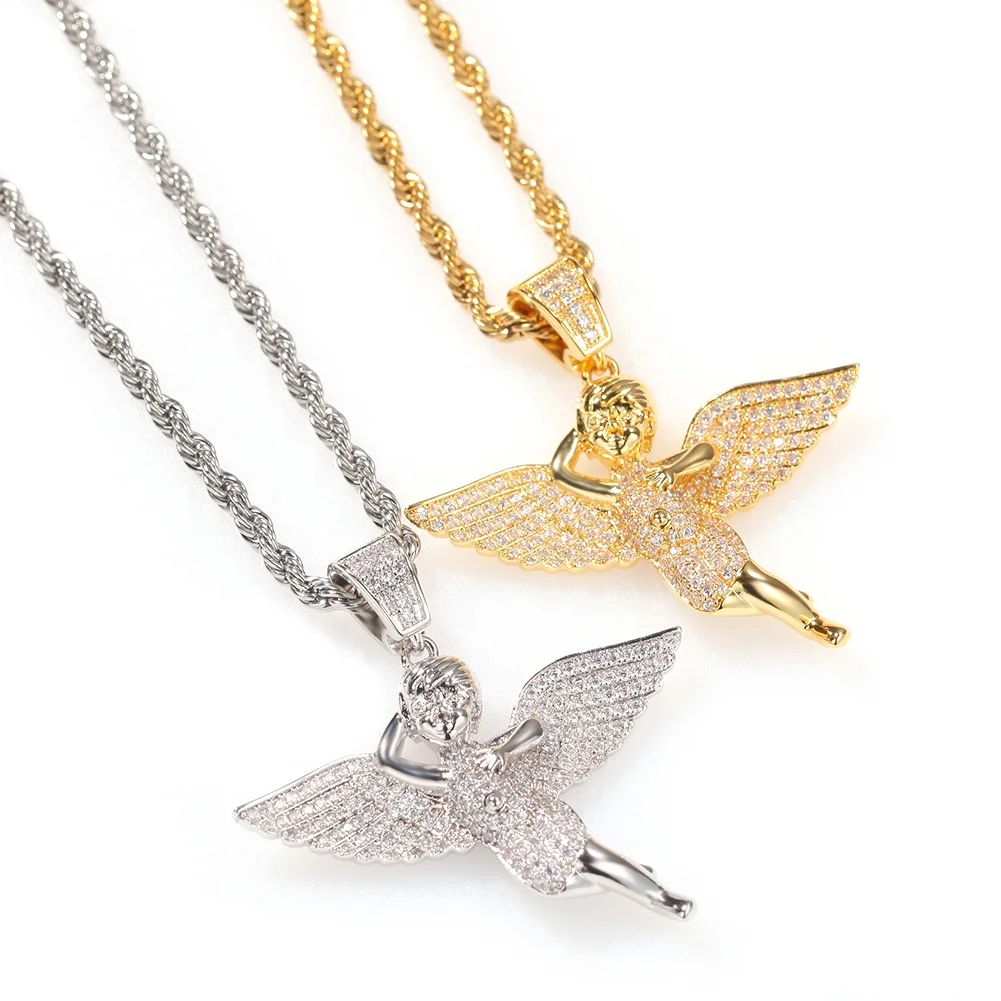 

Hip Hop Micro Paved Cubic Zirconia Bling Iced Out Little Angel Pendants Necklace for Men Rapper Jewelry Gold Color