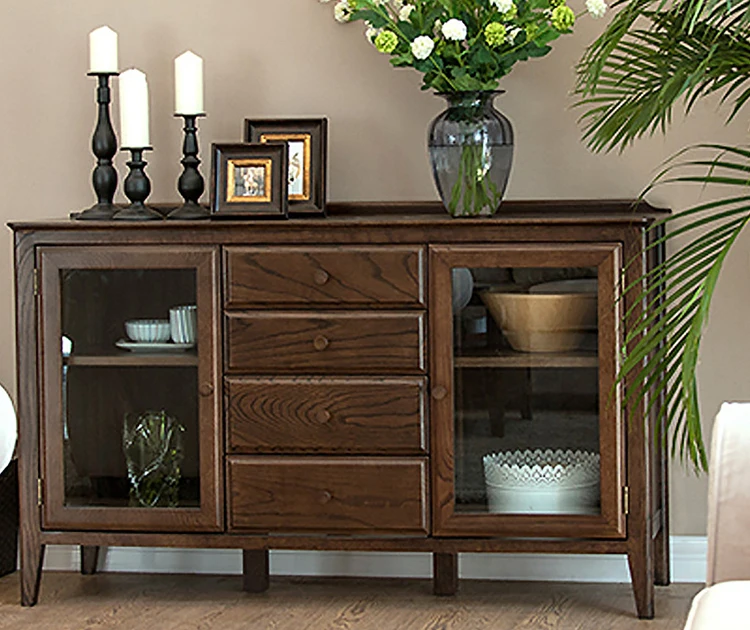 Solid Wood Credenza Sideboard Modern With 4 Drawers And 2 Glass Doors