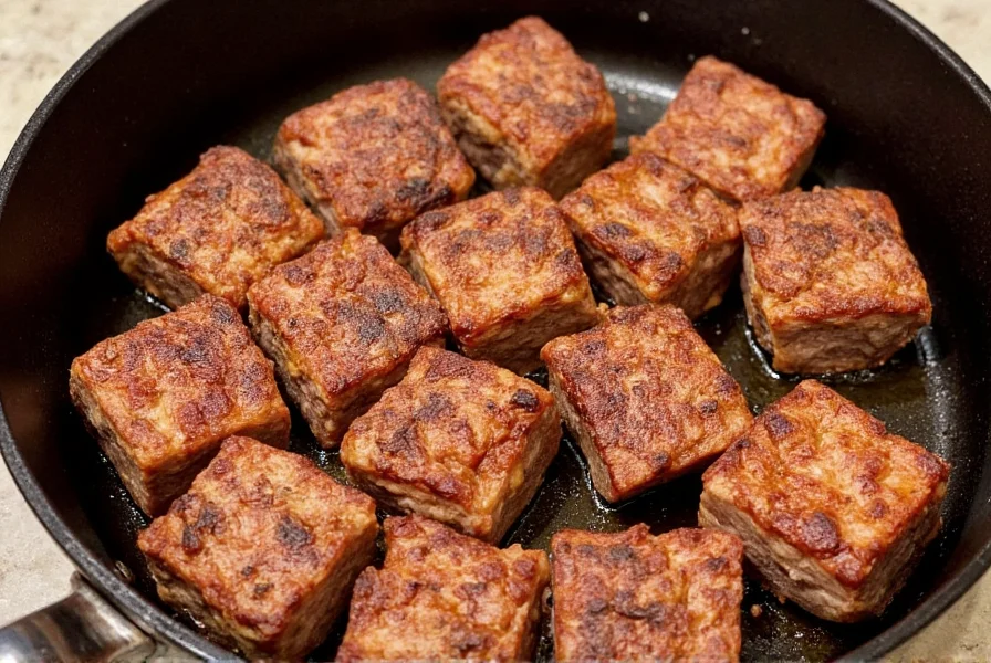 Perfectly seared chuck roast cubes in cast iron skillet before adding to chili