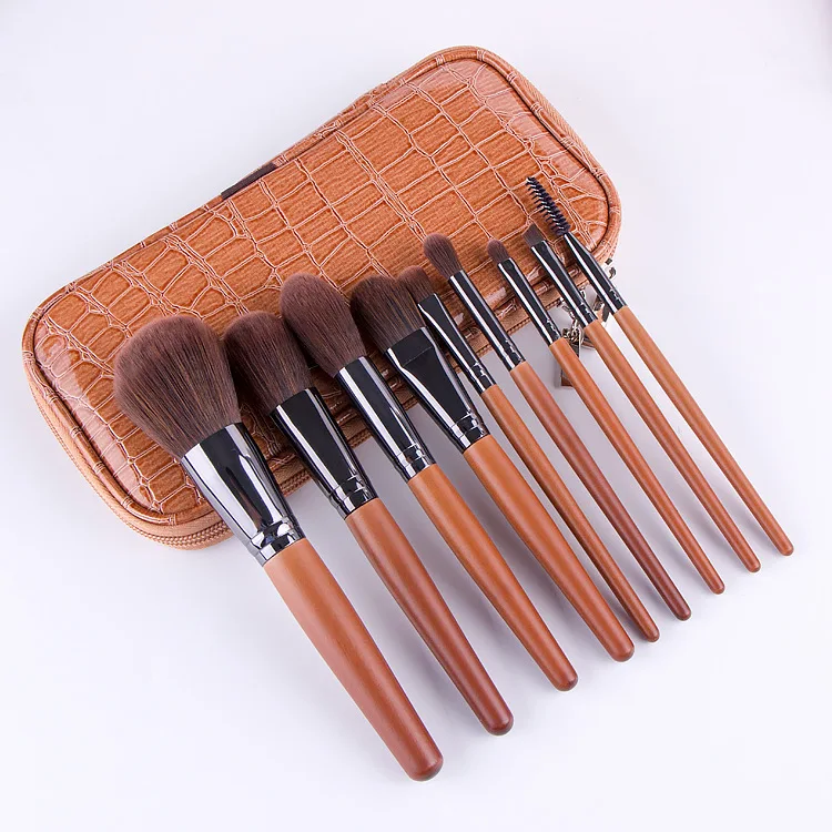 

New 9 pcs Natural Wood Color Brown Wooden Handle PU Bag Beauty Brush Set, Customized color