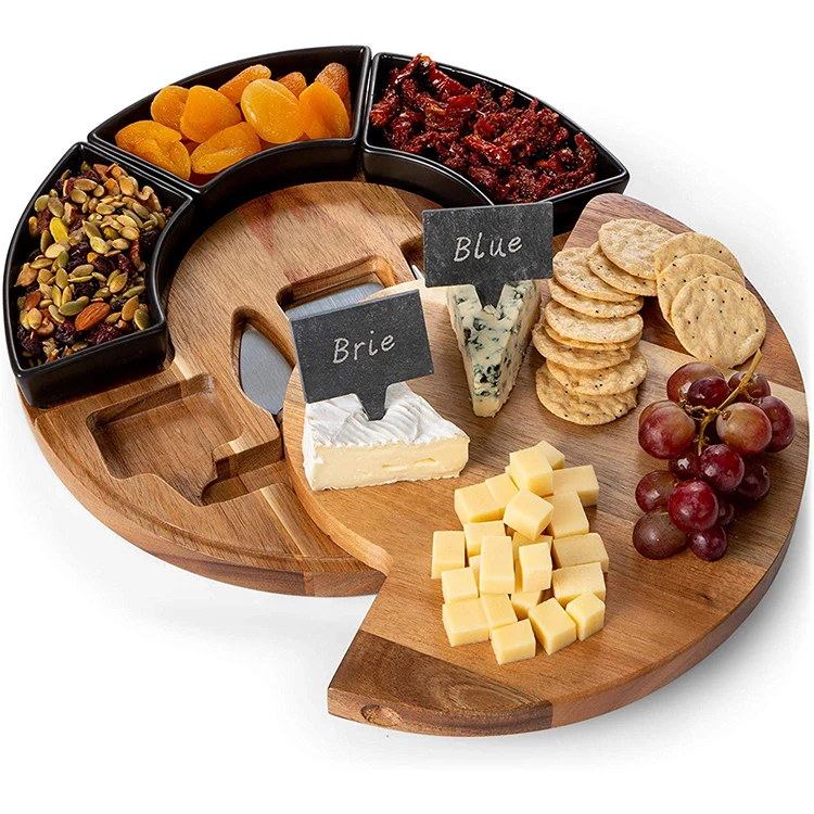 

Acacia Wooden Cheese Board Set with Black Round 3 Piece Ceramic Server Bowls