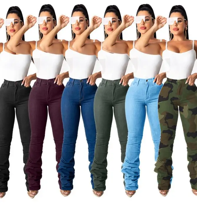 

fall new clothes 2021 women stacked jeans long casual pencil pants womans streetwear camouflage spandex polyester stretch