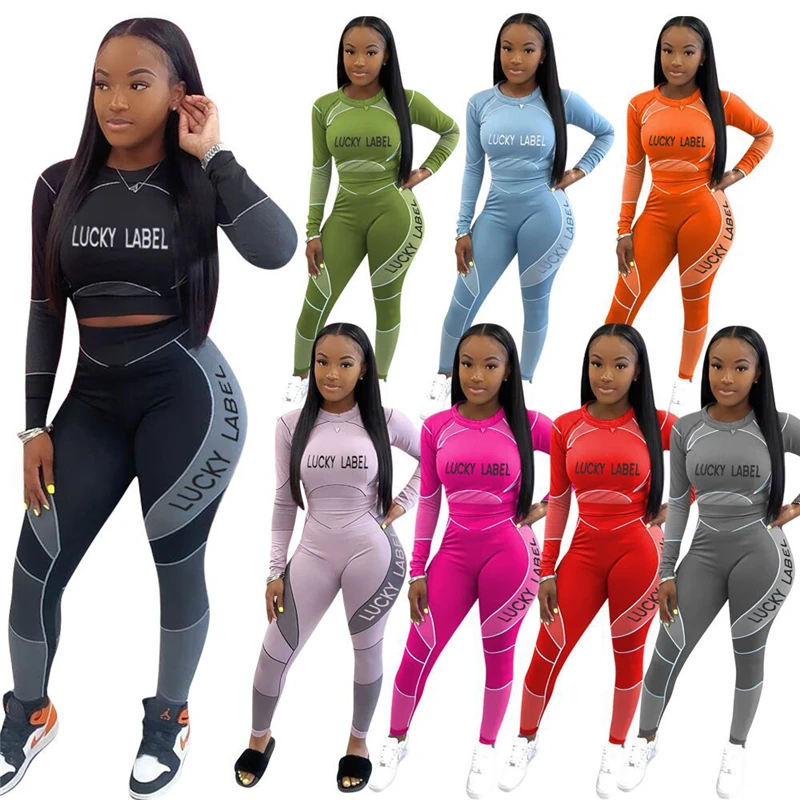 

Wholesale 2021 Women Lucky Label Jumpsuit Two Piece Tracksuit Set Long Sleeve Jogger Sweatsuit Yoga Pants legging Set Fitness, As picture