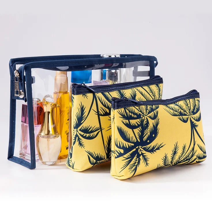 

3 pcs PVC Linen Embroidery Floral Print Women Travel Toiletry Makeup Maple Cosmetic Bag Sets for Make up, Assorted