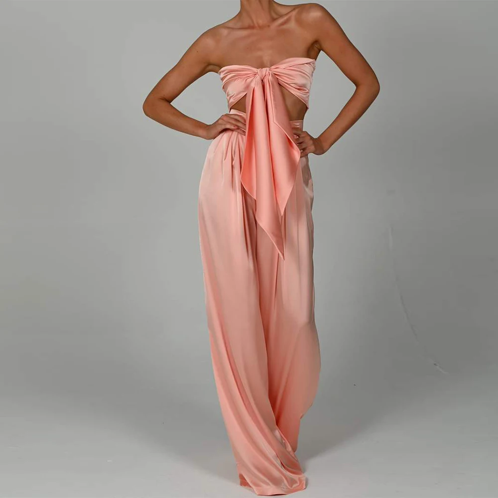 

Vintage Club Outfits Silk Satin Hollow Out Short Bow Back Out Tank Top Stretchy Pants Plus Size Summer Women 2 Piece Long Set